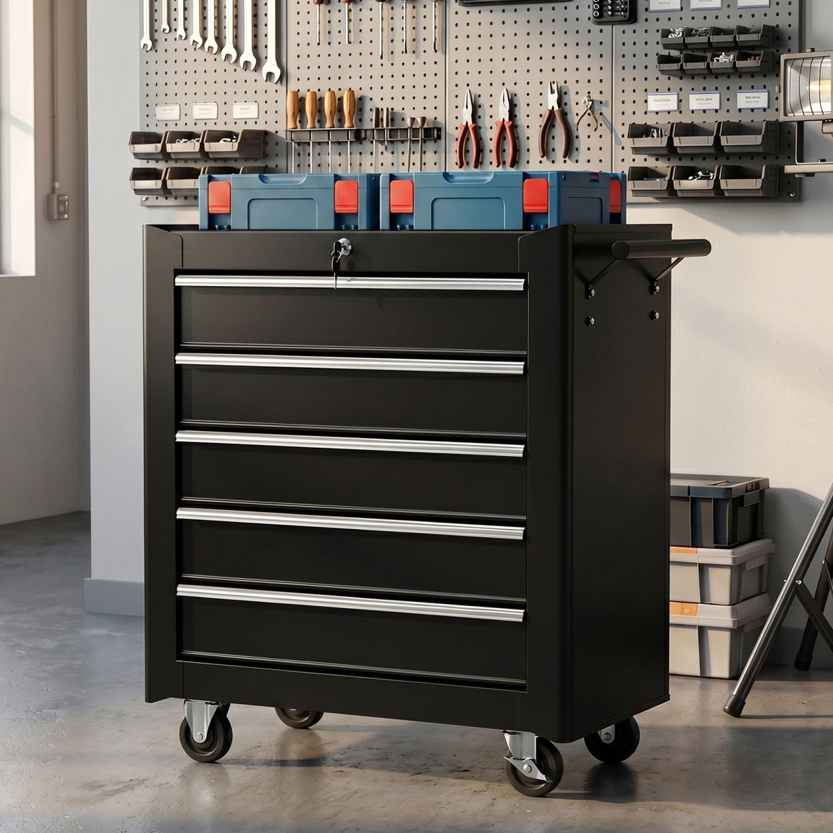 Rolling Tool Chest, 5-Drawer Lockable Tool Cabinet with 4 Wheels, Handle, Toolbox Storage Organizer for Garage, Workshop, Repair Shop, Black