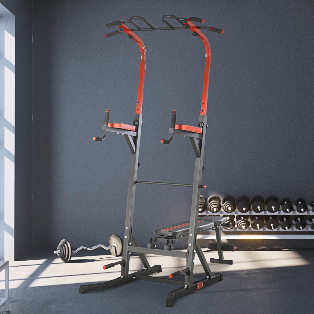 Soozier Power Tower Pull Up Bar Station for Home Gym Training Workout Equipment With Sit Up Bench