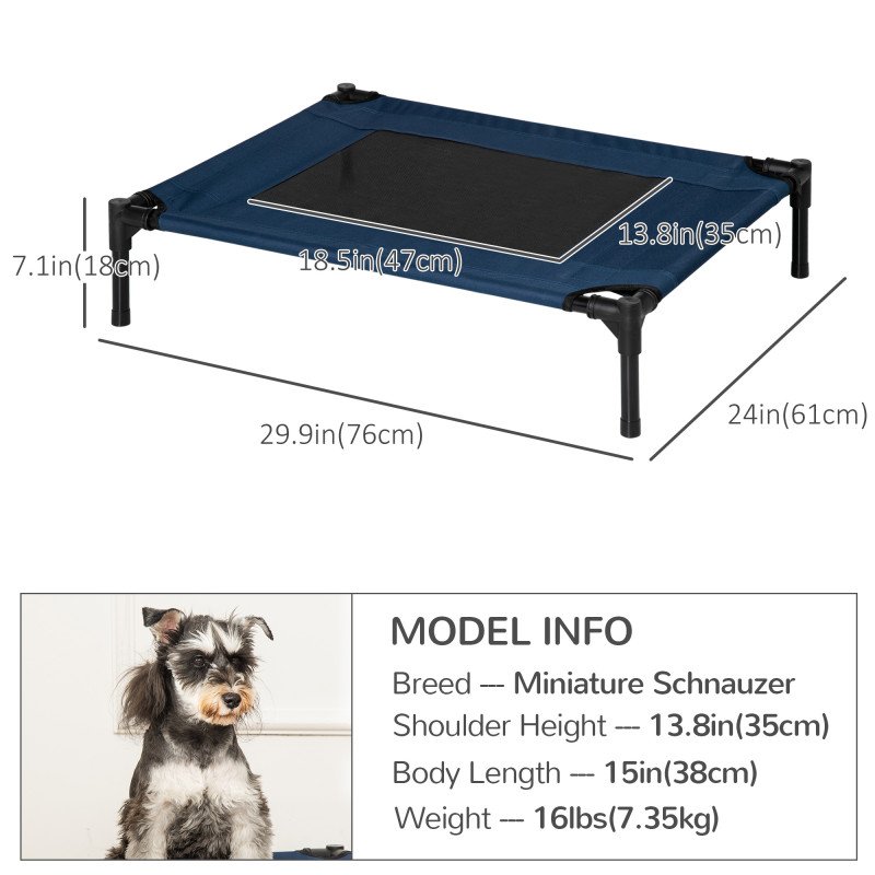Elevated Dog Bed, Raised Dog Cot for M Sized Dogs, Indoor & Outdoor, 30" x 24" x 7", Blue