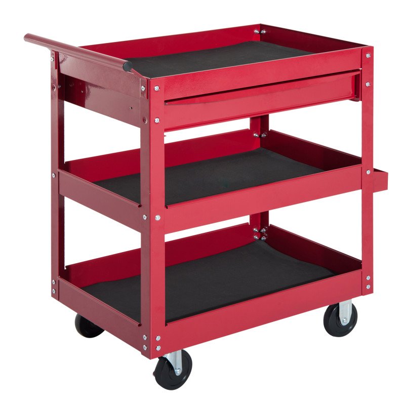 3-Tier Rolling Tool Cart with Drawer and Side Box, 132 LBS Capacity Steel Utility Cart, Mobile Service Tool Organizer for Garage, Warehouse, Workshop, Red