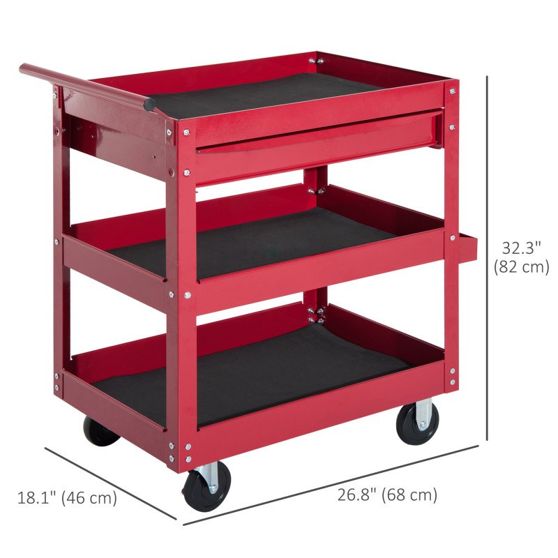 3-Tier Rolling Tool Cart with Drawer and Side Box, 132 LBS Capacity Steel Utility Cart, Mobile Service Tool Organizer for Garage, Warehouse, Workshop, Red