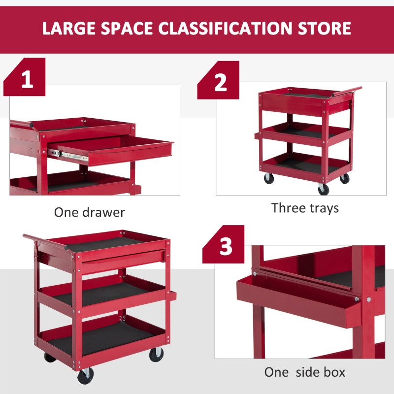 3-Tier Rolling Tool Cart with Drawer and Side Box, 132 LBS Capacity Steel Utility Cart, Mobile Service Tool Organizer for Garage, Warehouse, Workshop, Red