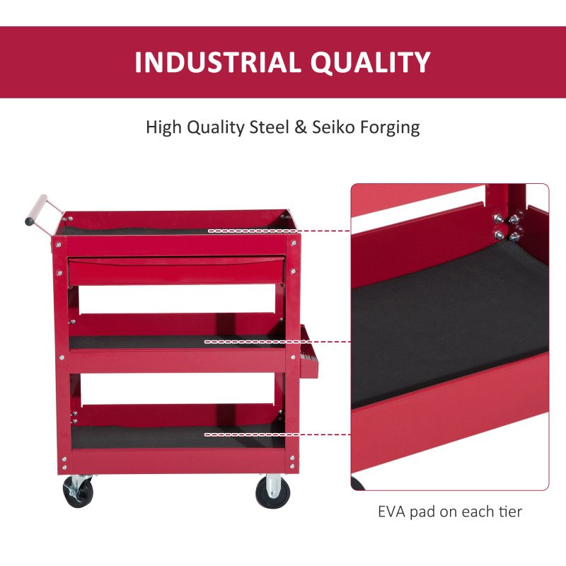 3-Tier Rolling Tool Cart with Drawer and Side Box, 132 LBS Capacity Steel Utility Cart, Mobile Service Tool Organizer for Garage, Warehouse, Workshop, Red
