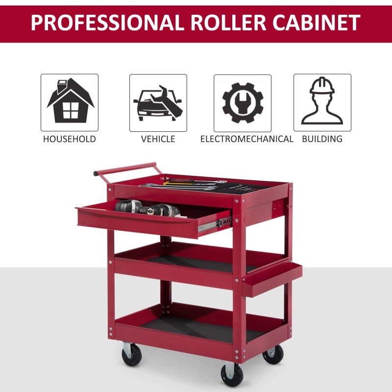 3-Tier Rolling Tool Cart with Drawer and Side Box, 132 LBS Capacity Steel Utility Cart, Mobile Service Tool Organizer for Garage, Warehouse, Workshop, Red