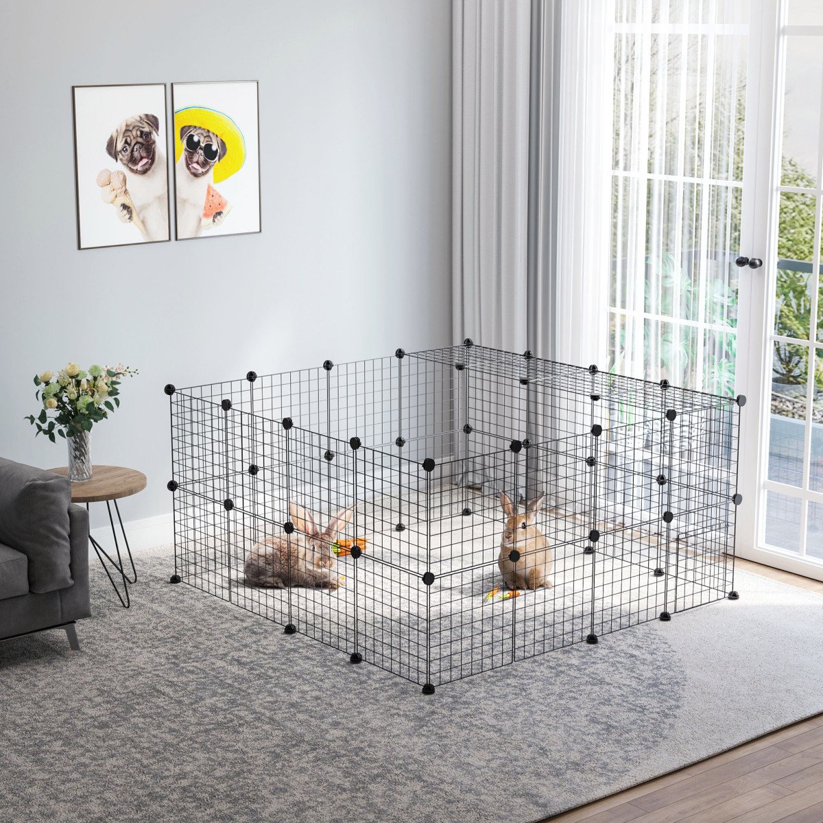 40 Pcs Small Animal Cage Bunny Hutch Portable Metal Wire with Ramps for Kitten Chinchilla, Black