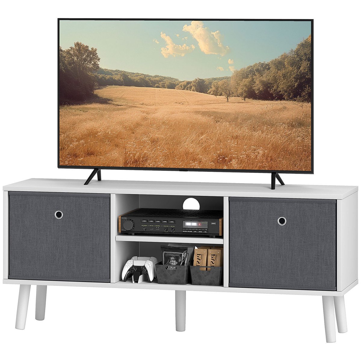 Modern TV Stand Cabinet with Foldable Drawers and Shelves for Living Room, Bedroom, White