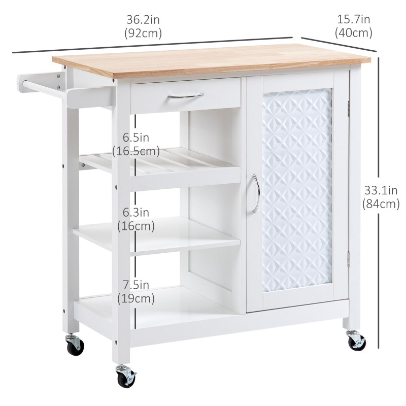 Kitchen Cart on Wheels with Embossed Door Panel, Utility Kitchen Island with Storage Drawer, White