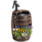 Wooden Outdoor Fountain, Electrical Barrel Waterfall with 3600r/min Speed Pump for Patio, Backyard, Carbonized
