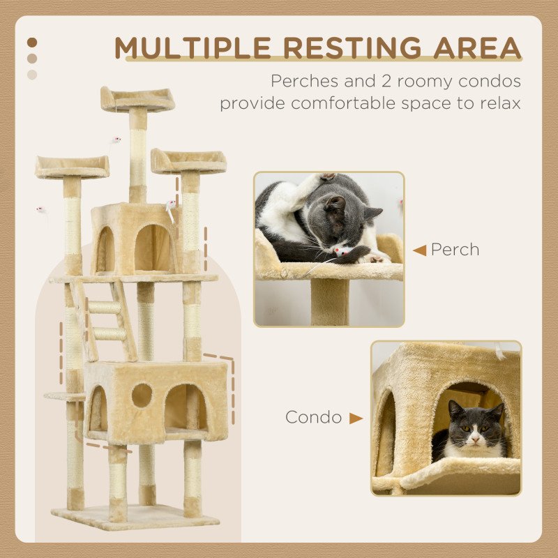 71-Inch Multi Level Scratching Cat Tree Kitty Condo Activity Center with Toys, Beige