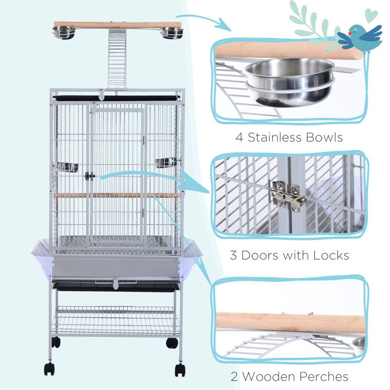 63" Large Bird Parrot Cage Stand Finch Feeder Play Top House Perch Bowl Wheels, Silver