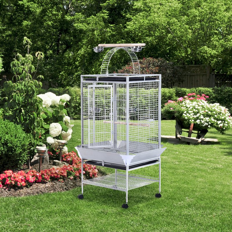 63" Large Bird Parrot Cage Stand Finch Feeder Play Top House Perch Bowl Wheels, Silver