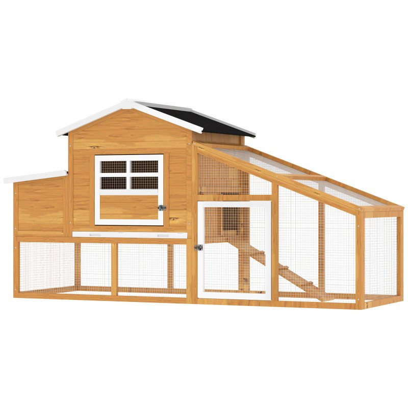 79" Wooden Chicken Coop, Outdoor Hen House, Poultry Habitat with Removable Tray, Nesting Box, Run, Ramp, Brown