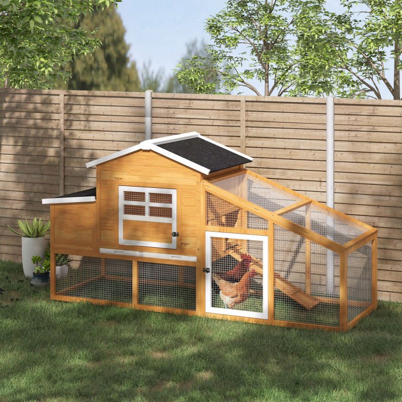 79" Wooden Chicken Coop, Outdoor Hen House, Poultry Habitat with Removable Tray, Nesting Box, Run, Ramp, Brown