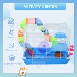 18"L Hamster Cage, Small Animal House, 2-Level Rat Gerbil Haven with Tunnel Tube System, Exercise Wheel, Water Bottle, Food Dish, Ramp, Blue