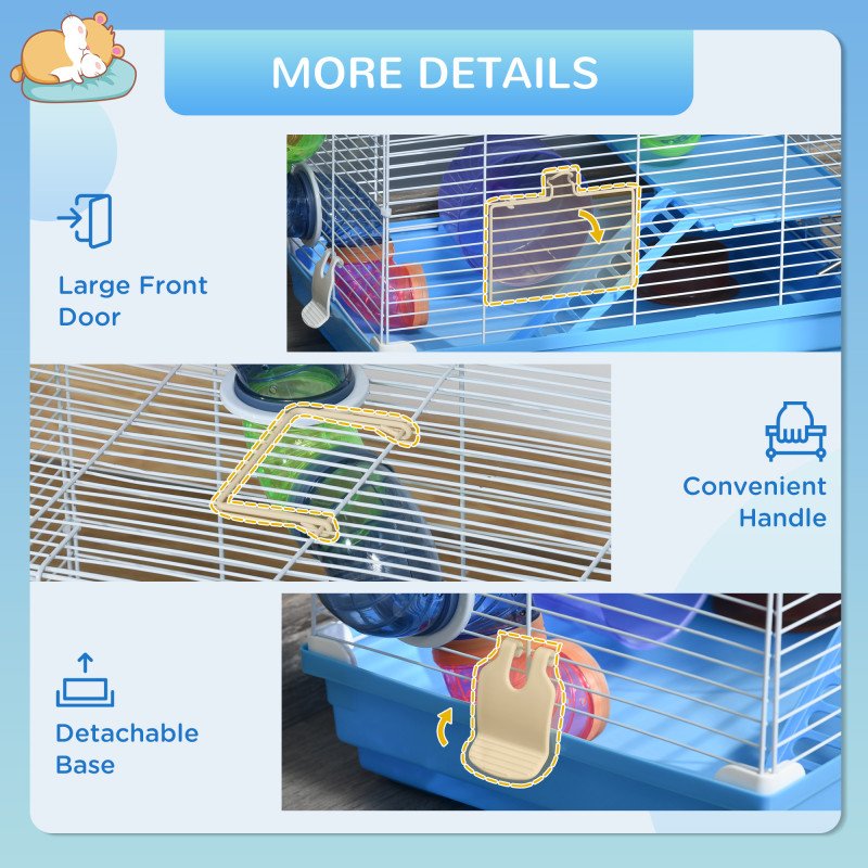 18"L Hamster Cage, Small Animal House, 2-Level Rat Gerbil Haven with Tunnel Tube System, Exercise Wheel, Water Bottle, Food Dish, Ramp, Blue