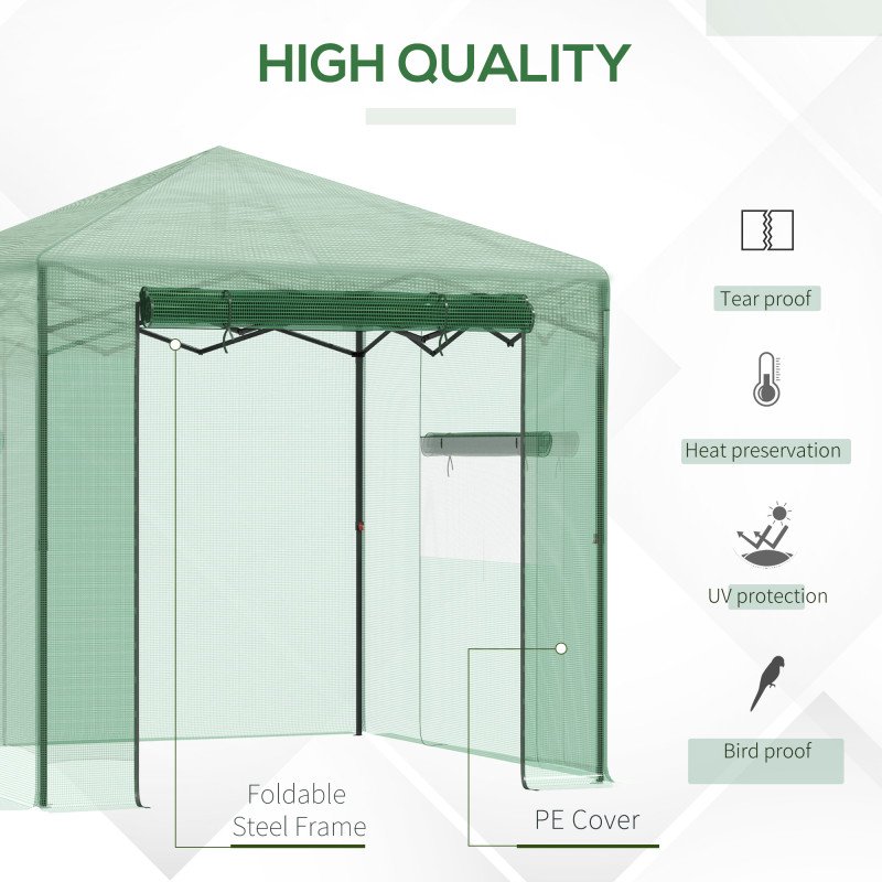 Portable Pop Up Greenhouse, Outdoor Walk-in Hot House with Roll-up Door & 2 Windows, 8' x 6' , Green