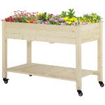 Mobile Raised Garden Bed Elevated Wood Planter Box with Lockable Wheels, Storage Shelf for Herbs Vegetables, Natural