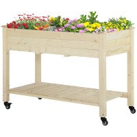 Mobile Raised Garden Bed Elevated Wood Planter Box with Lockable Wheels, Storage Shelf for Herbs Vegetables, Natural