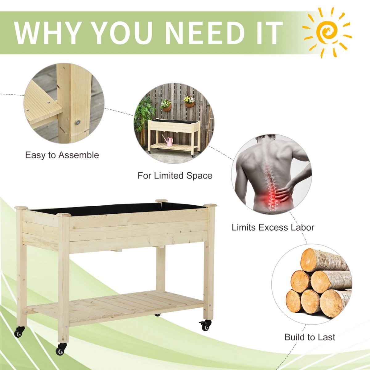 Mobile Raised Garden Bed Elevated Wood Planter Box with Lockable Wheels, Storage Shelf for Herbs Vegetables, Natural