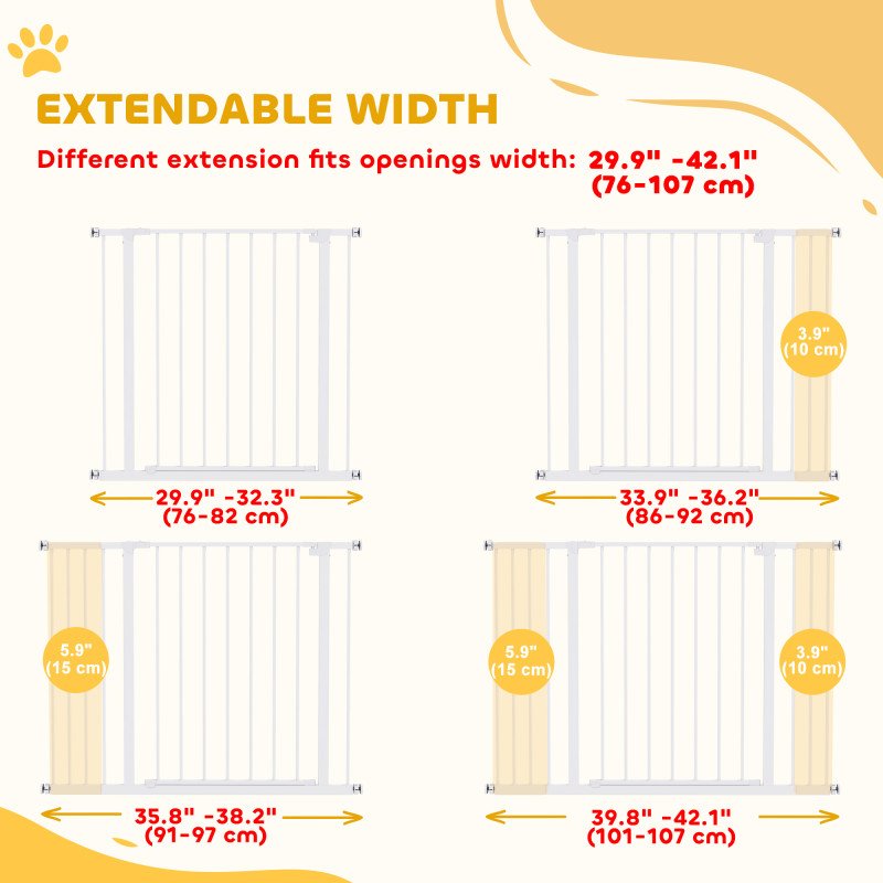 Pressure Fit Dog Gate Pet Barrier for stairs doorway, 29.9''- 42.1'' Width White