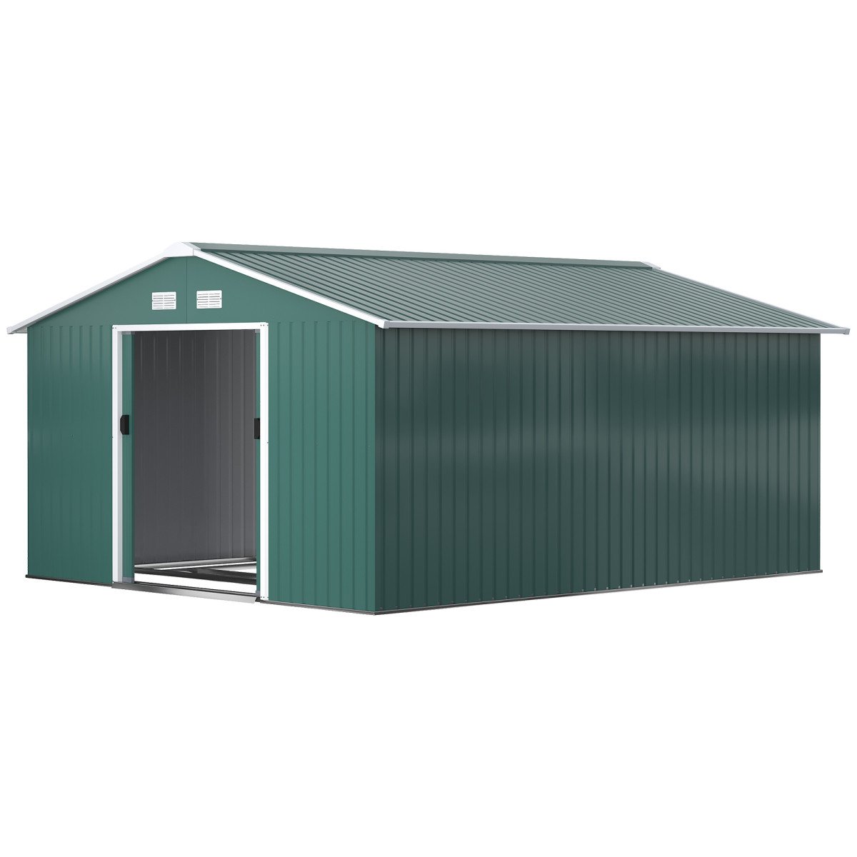11' x 13' Practical Backyard Garden Storage Tool Shed with Double Sliding Door Garden Tool Shed with 4 Ventilation Slots, Green