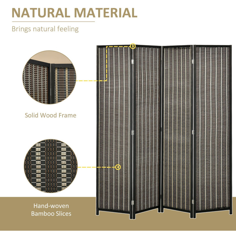 4 Panel Room Divider, 6 Ft Tall Indoor Portable Folding Privacy Screens, Bamboo Hand-Woven Freestanding Partition Wall Divider for Home Office, Brown