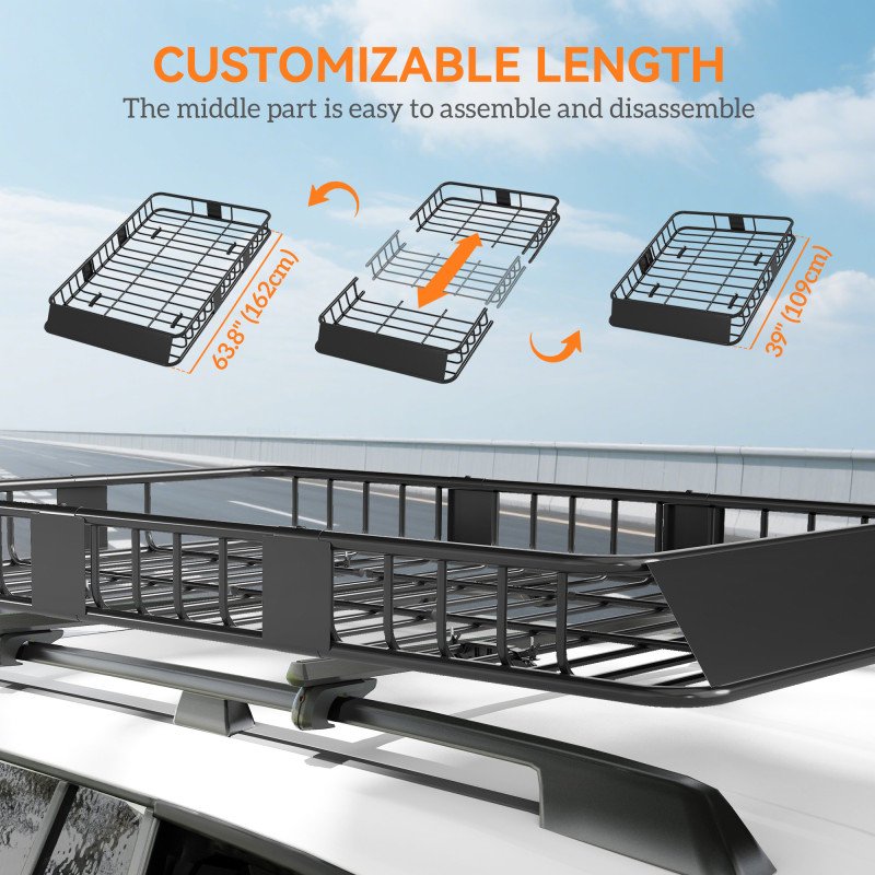 64"/43" x 39" Car Roof Rack, Length Adjustable Roof Basket, Universal Rooftop Cargo Carrier Basket with U-bolts, 220 lbs Capacity