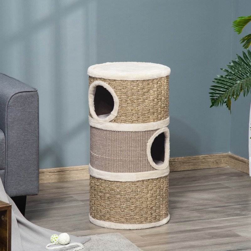 Cat Condo 3 Story Three Holes with Sisal Seaweed Scratching Cover Surface, Cat Tower for Indoor Cats, 15" x 28", Khaki and Brown