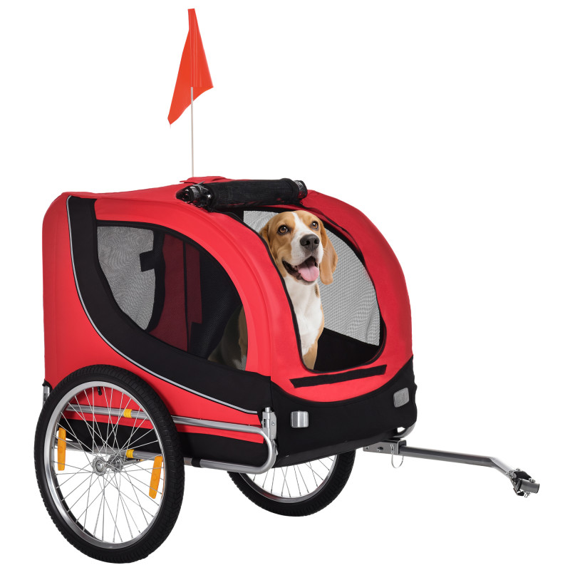 Aosom Dog Bike Trailer, Pet Cart Bicycle, Wagon Cargo Carrier Attachment with Hitch, Reflectors, Flag for Small Medium Dogs, Pet Wheelchair for Travelling, Red