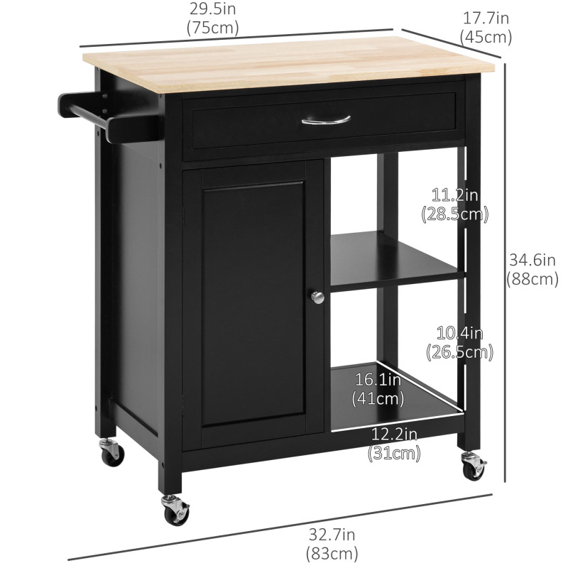 Rolling Kitchen Cart with Wood Top and Drawer, Kitchen Island on Wheels for Dining Room, Black

Add functional style and extra storage to your dining room or kitchen with this rolling kitchen cart. The smooth wood countertop provides a convenient workspac