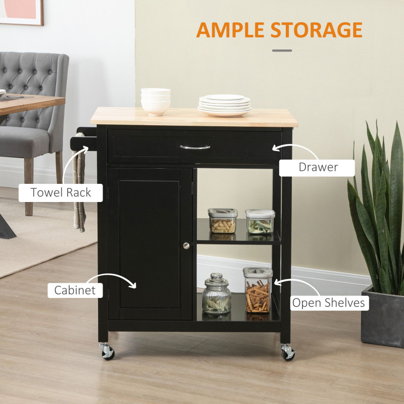 Rolling Kitchen Cart with Wood Top and Drawer, Kitchen Island on Wheels for Dining Room, Black

Add functional style and extra storage to your dining room or kitchen with this rolling kitchen cart. The smooth wood countertop provides a convenient workspac