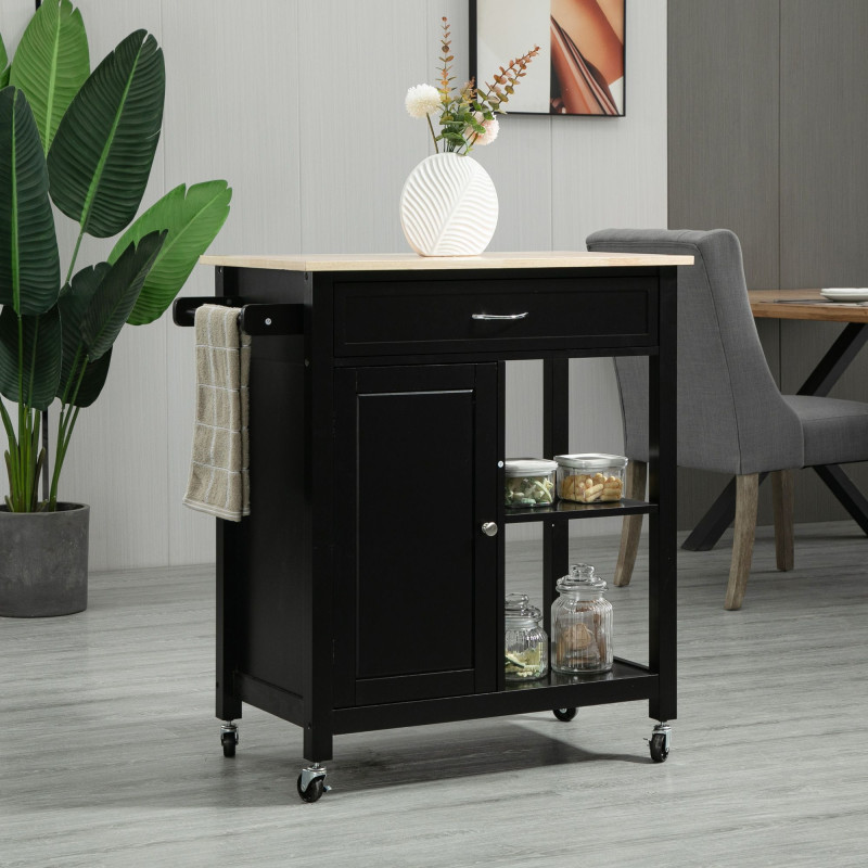 Rolling Kitchen Cart with Wood Top and Drawer, Kitchen Island on Wheels for Dining Room, Black

Add functional style and extra storage to your dining room or kitchen with this rolling kitchen cart. The smooth wood countertop provides a convenient workspac