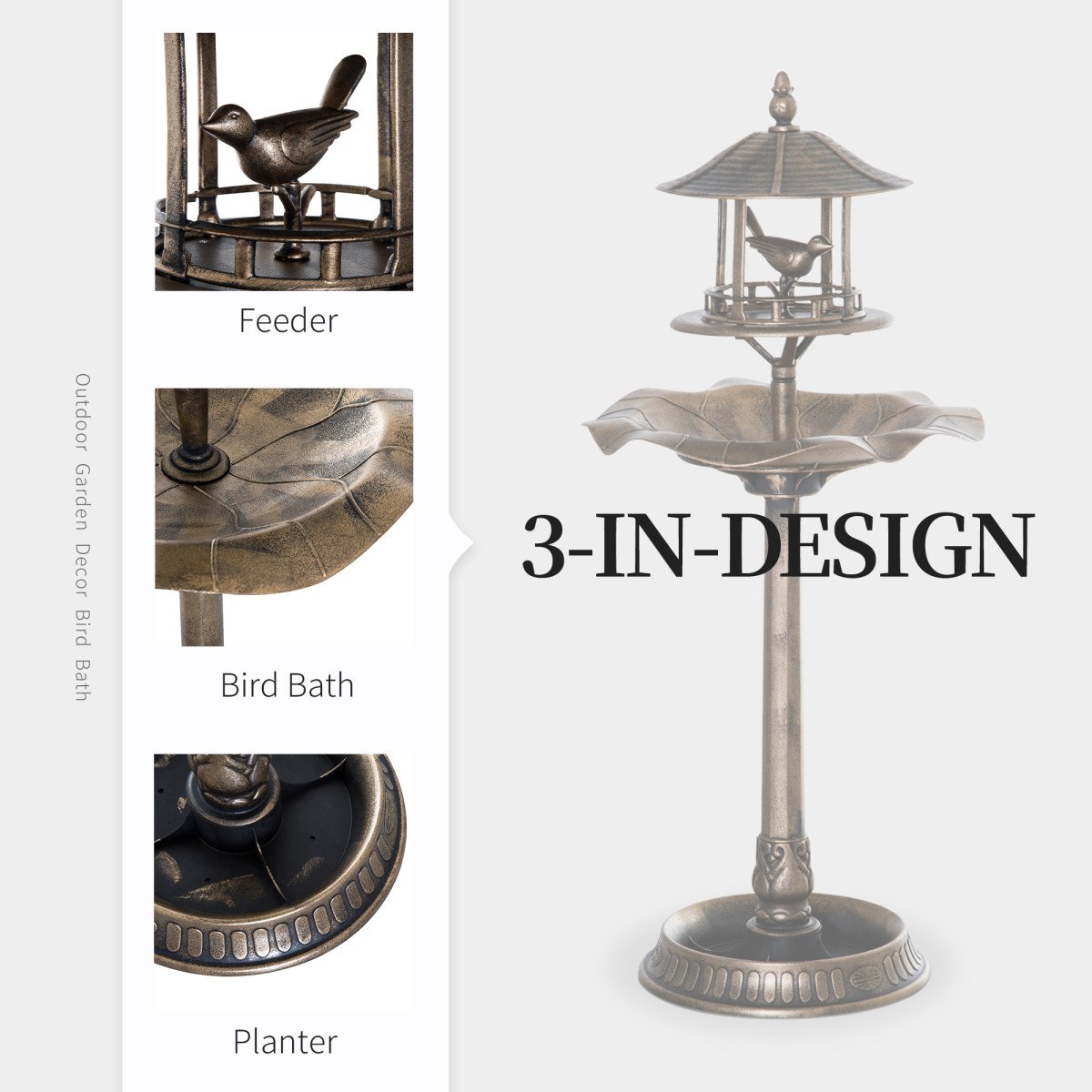 3-in-1 Garden Bird Bath Bowl Pedastal with Bird Feeder, Large Water Basin, & Underneath Flower Planter, Gold