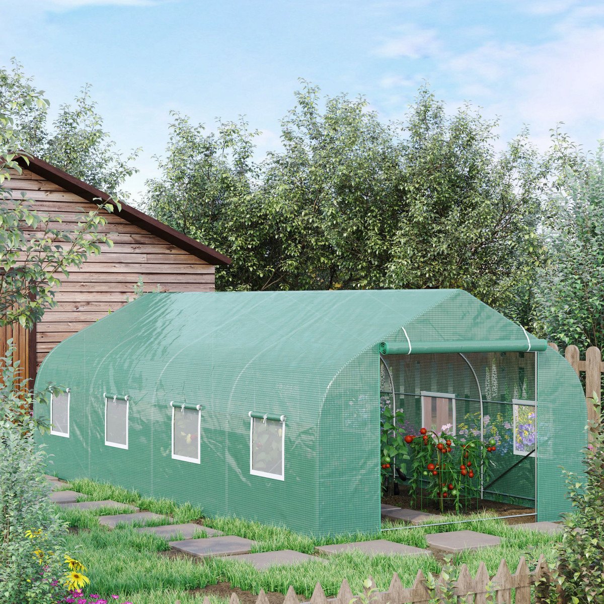 20x10x7ft Walk-in Steeple Greenhouse Outdoor Backyard Plant Seed Growth Shed Tunnel Warm House with 2 Anchor Way Green