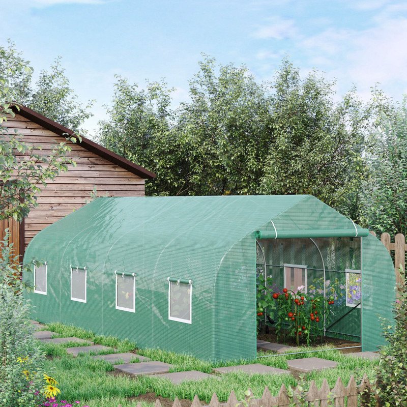 20x10x7ft Walk-in Steeple Greenhouse Outdoor Backyard Plant Seed Growth Shed Tunnel Warm House with 2 Anchor Way Green
