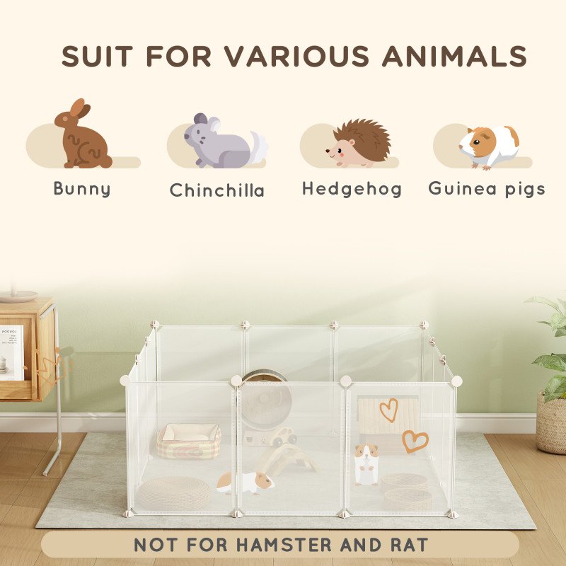 Small Animal Cage Plastic Chinchilla Cage 12 Panels for Guinea Pig, 18" x 14", White
