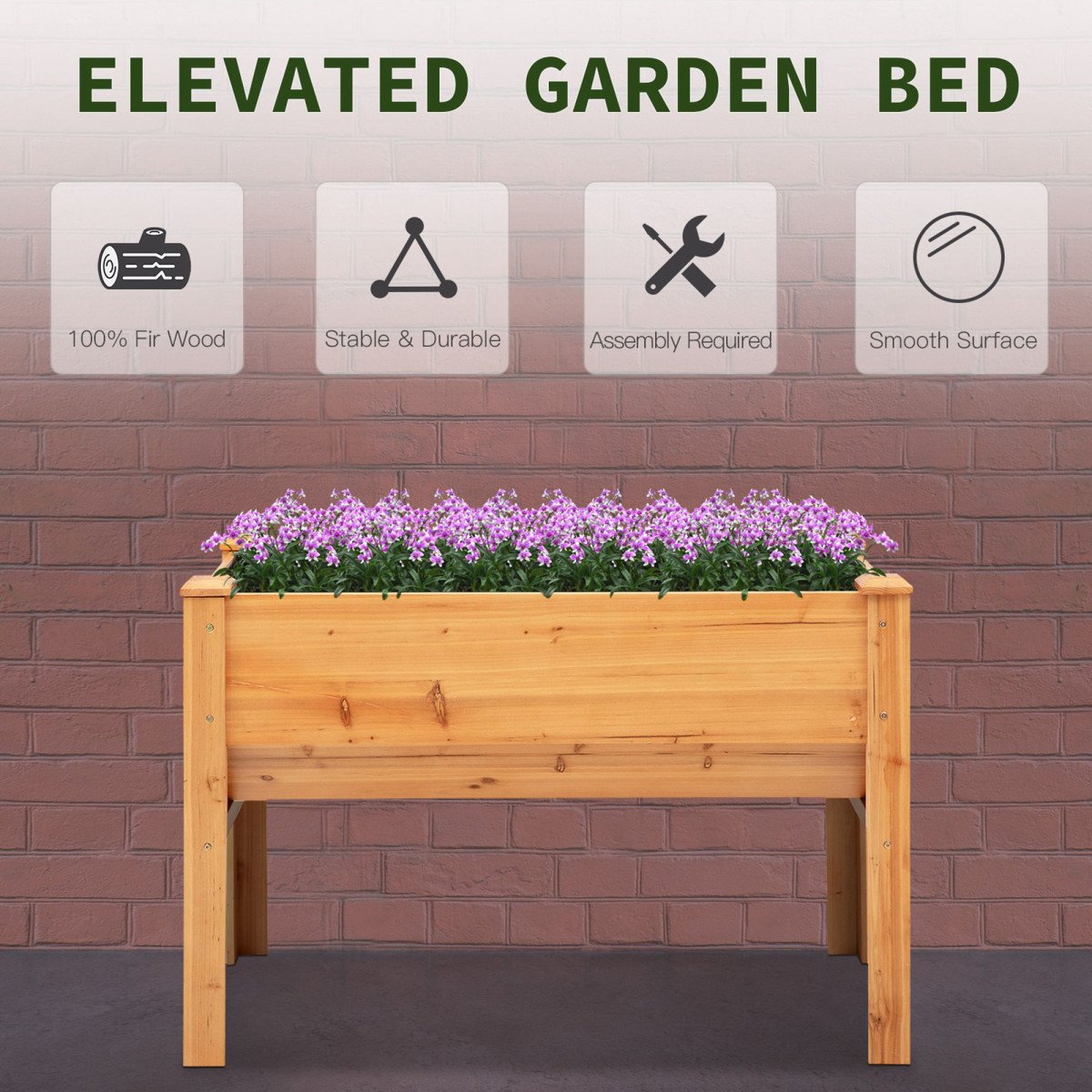 Wooden Raised Garden Plant Stand Outdoor Tall Flower Bed Box with Hooks, 48" x 24" x 32", Nature Wood