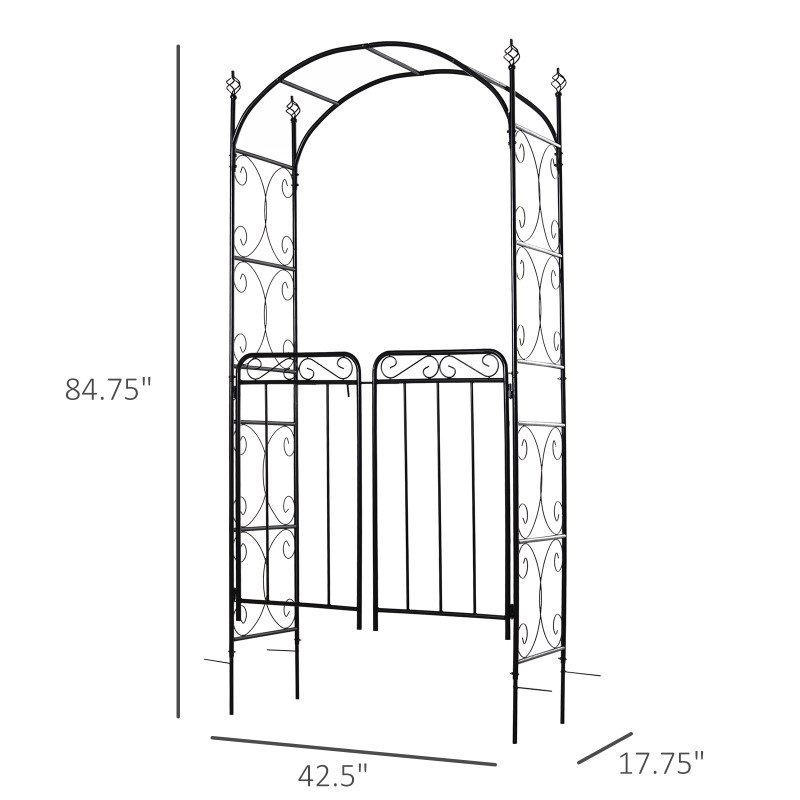 7' Metal Garden Arbor Arch with Scrollwork Doors for Ceremony, Weddings, Party, Backyard, Lawn