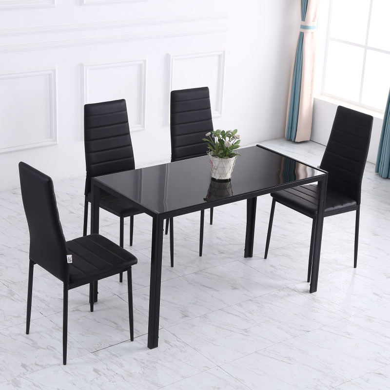 Rectangular Kitchen Table for 4 People, Dining Table with Tabletop Tempered Glass for Dining Room, Living Room, Black