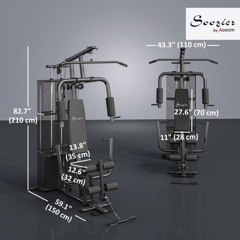 Soozier Home Gym, Multifunction Gym Equipment Workout Station with 100Lbs Weight Stack for Lat Pulldown, Leg Extensions, Preacher Bicep Curls, Triceps Pulldowns, Chest Press, Black