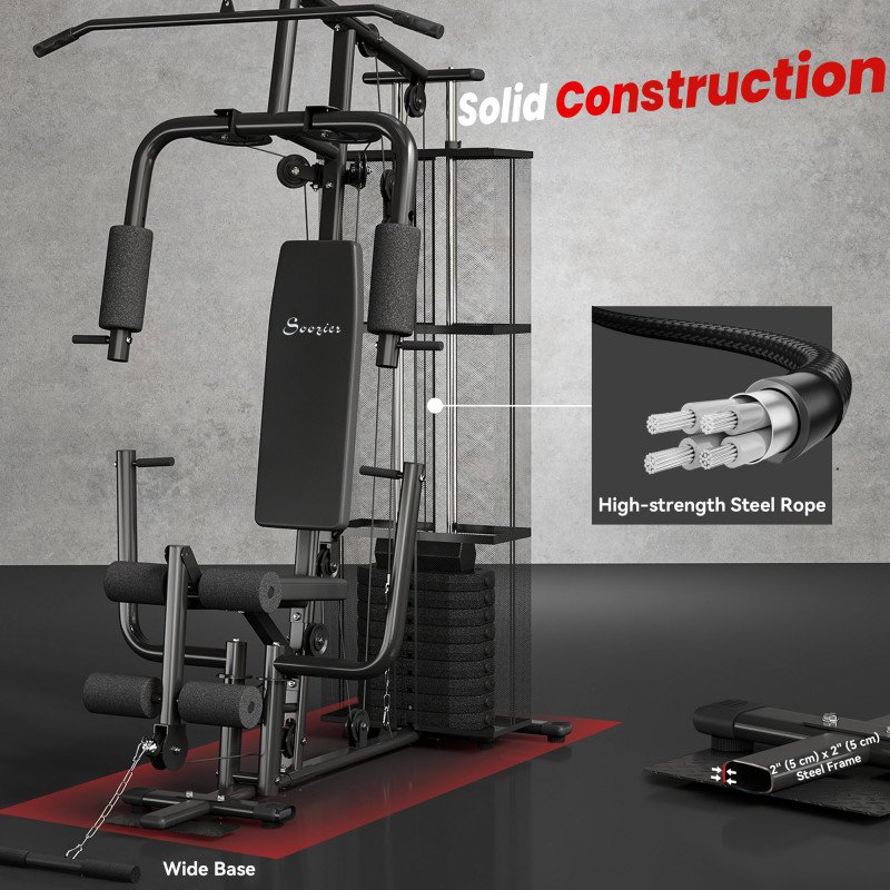 Soozier Home Gym, Multifunction Gym Equipment Workout Station with 100Lbs Weight Stack for Lat Pulldown, Leg Extensions, Preacher Bicep Curls, Triceps Pulldowns, Chest Press, Black