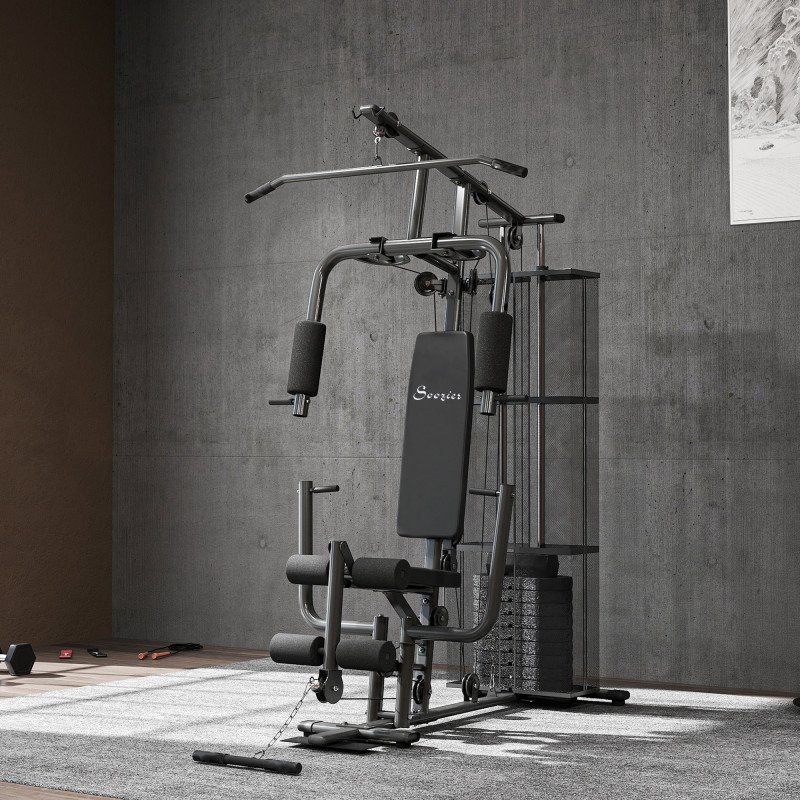 Soozier Home Gym, Multifunction Gym Equipment Workout Station with 100Lbs Weight Stack for Lat Pulldown, Leg Extensions, Preacher Bicep Curls, Triceps Pulldowns, Chest Press, Black