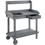 36" Wooden Potting Bench Work Table with 2 Removable Wheels, Sink, Drawer & Large Storage Spaces, Gray