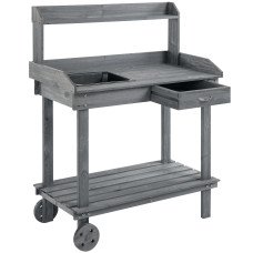 36" Wooden Potting Bench Work Table with 2 Removable Wheels, Sink, Drawer & Large Storage Spaces, Gray