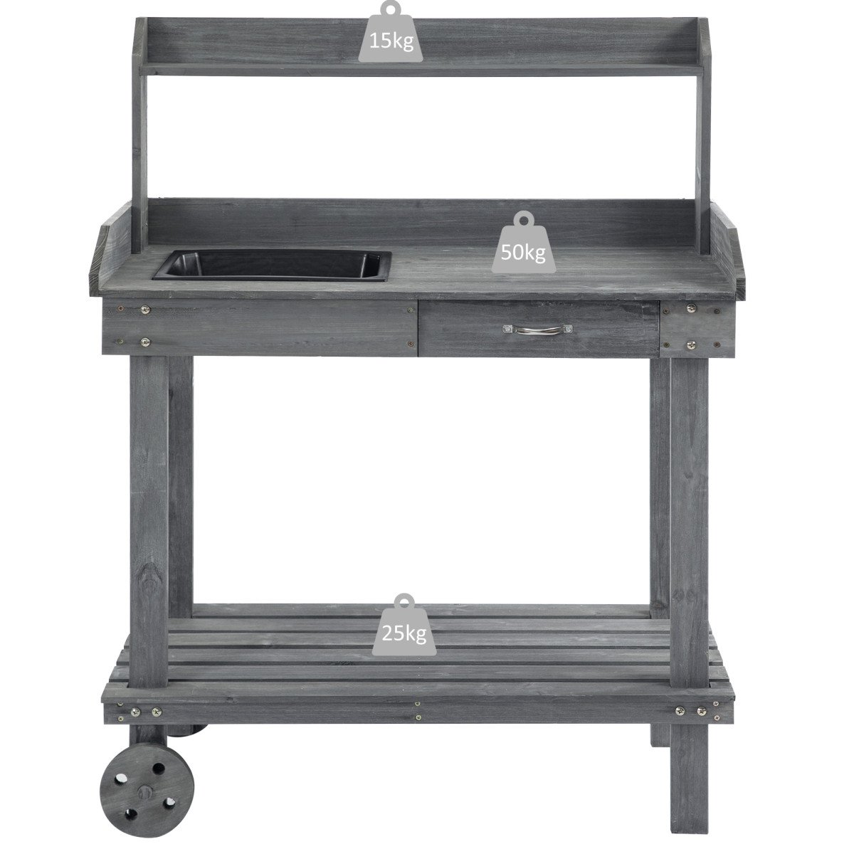 36" Wooden Potting Bench Work Table with 2 Removable Wheels, Sink, Drawer & Large Storage Spaces, Gray