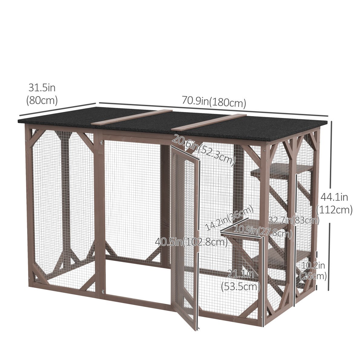 71"L Catio Outdoor Cat Enclosure, Indoor Cat Cage, Pet House, Small Animal Hutch for 1-2 Rabbit, Kitten, Kitty Crate Kennel w/ Waterproof Roof, Multi-Level Platforms, Brown