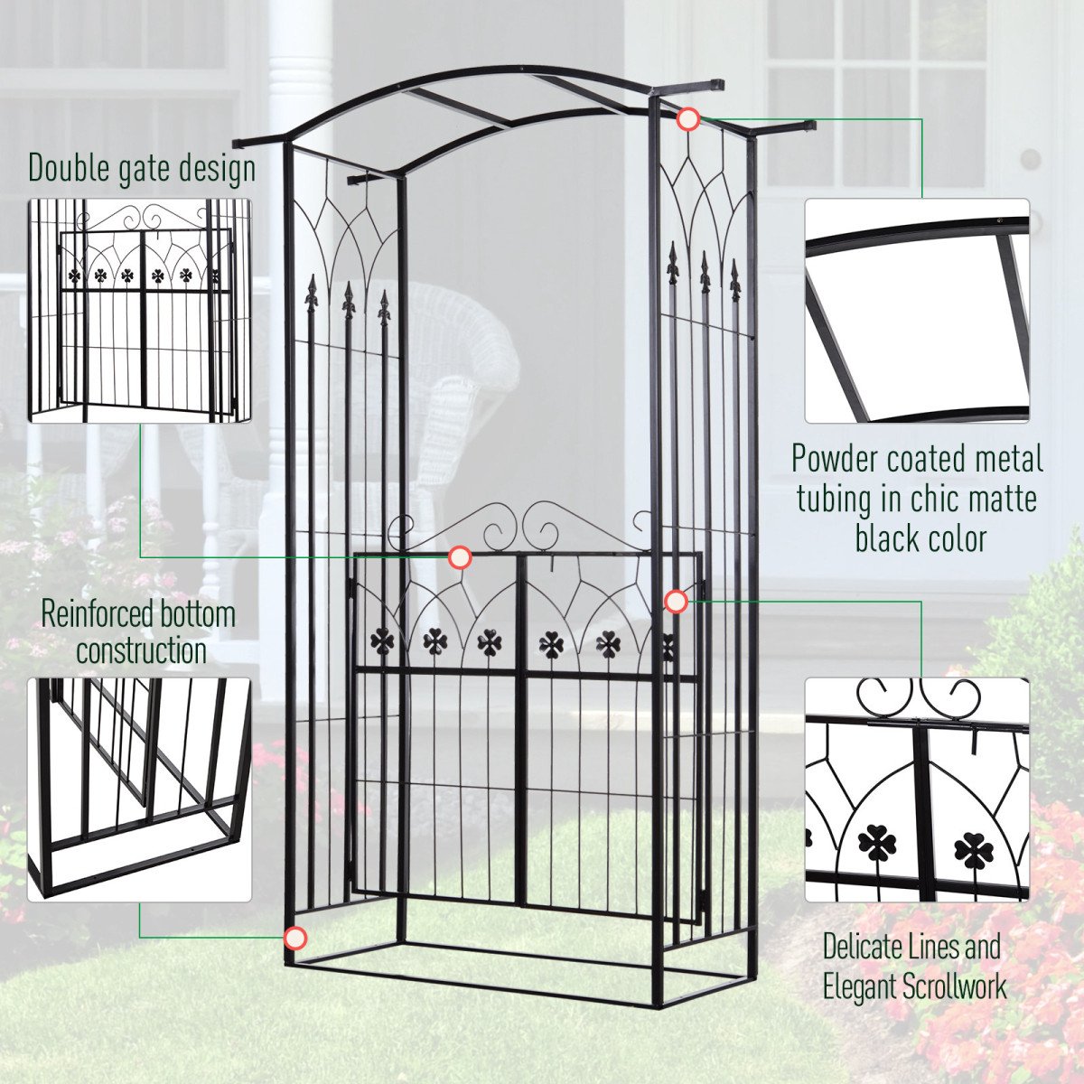 Outdoor Metal Trellis Garden Arch Arbor w/ Lucky Leaf Clover Gate for Ceremony Wedding Party Garden Lawn, Black