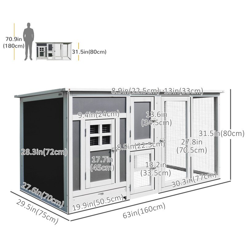 63" Chicken Coop Wooden Hen House Rabbit Hutch Poultry Cage Pen Outdoor Backyard with Nesting Box and Run Small Animal Cage PC Roof Grey