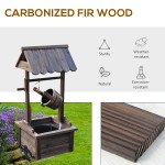 Wooden Well Wishing Fountain Outdoor with Electric Pump Water Bucket for Patio Garden Carbonized