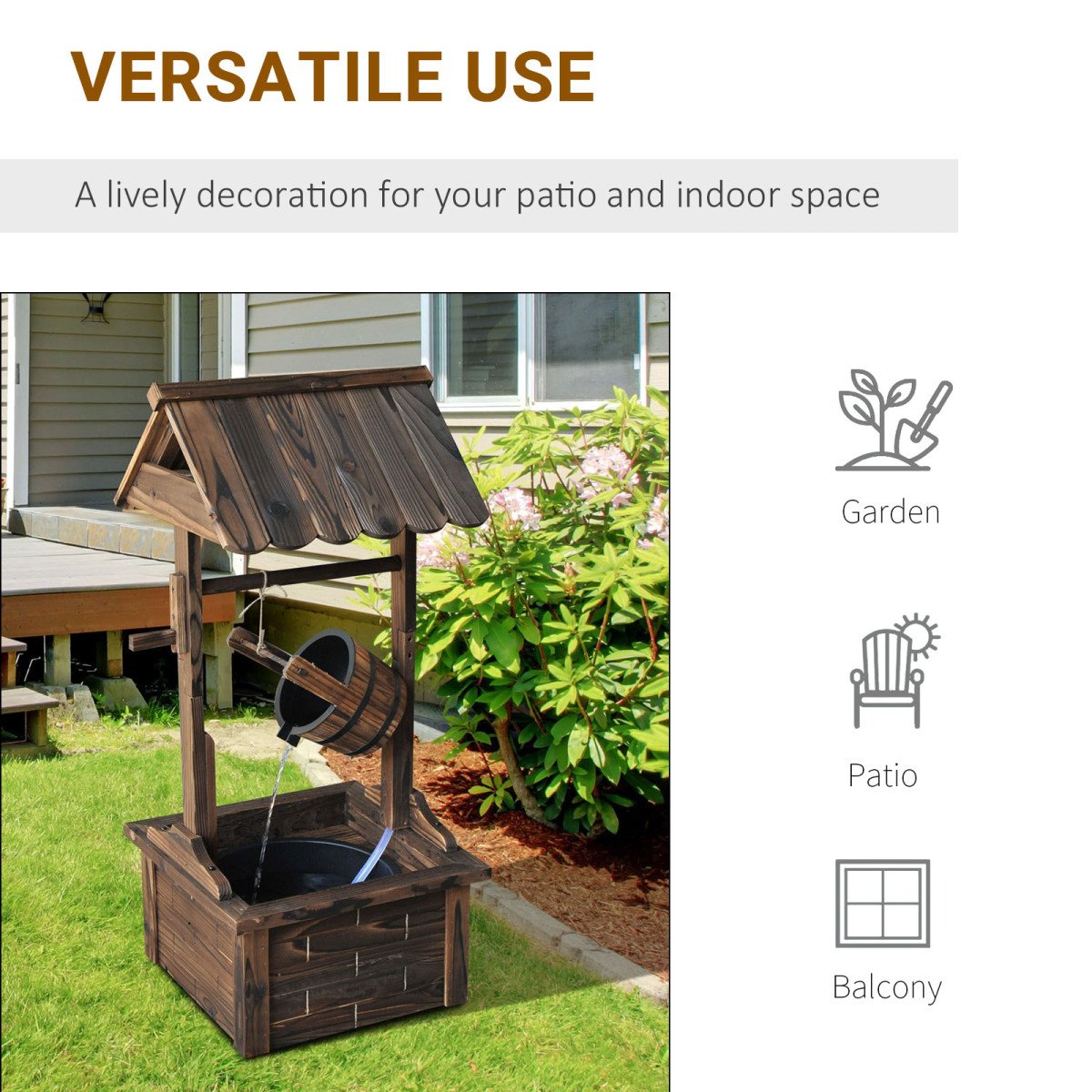 Wooden Well Wishing Fountain Outdoor with Electric Pump Water Bucket for Patio Garden Carbonized